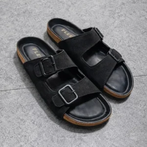 Double Monk Black Suede Sandal